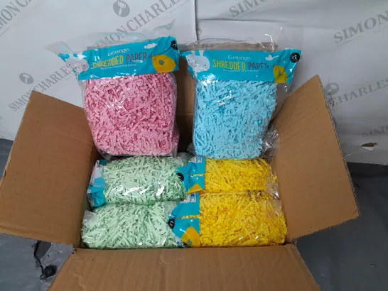 LOT OF 18 BOXES OF BRAND NEW 12-PACKS OF SHREDDED PAPER IN VARIOUS COLOURS 