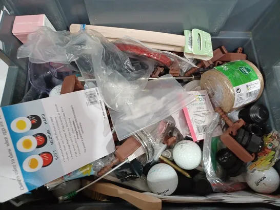 BOX OF ASSORTED HOUSEHOLD ITEMS TOO INCLUDE GOLF BALLS AND TOOLS 