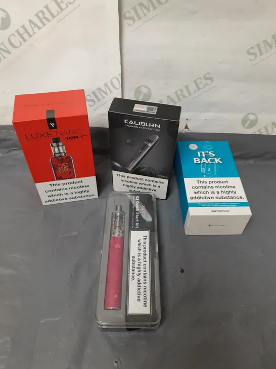 BOX OF APPROXIMATELY 20 ASSORTED E-CIGARATTES TO INCLUDE VAPORESSO, LUXE, ASPIRE ETC