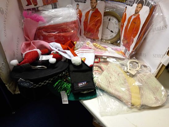 BOX OF APPROXIMATELY 15 ASSORTED FANCY DRESS ITEMS TO INCLUDE PRISONER OVERALLS, CLOCK NECKLACE AND VOLDERMORT MASK