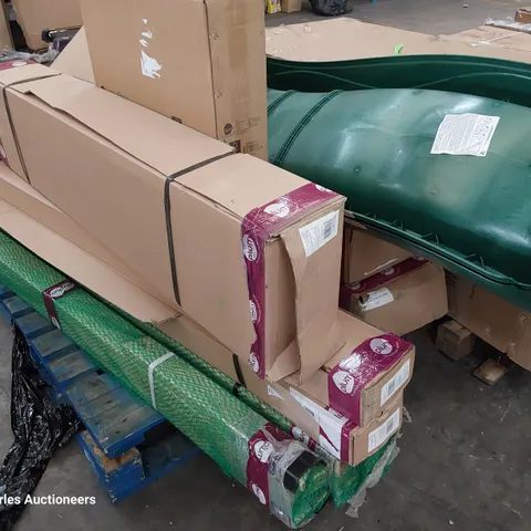 PALLET OF ASSORTED BOXED PLUM WOODEN PARTS INCLUDING CLIMBING TOWER, 2 × WAVY SLIDES.