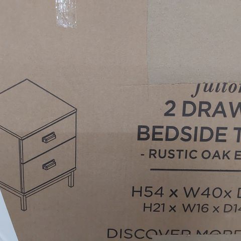 BOXED DESIGNER FUTON 2 DRAWER BEDSIDE TABLE RUSTIC OAK EFFECT H54 W40 D35cm