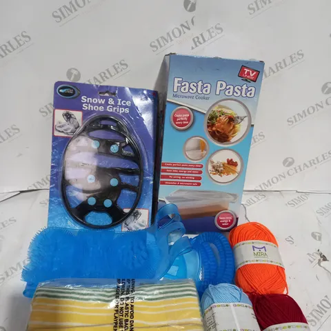 BOX OF ASSORTED ITEMS APPROXIMATELY 15 TO INCLUDE SHOES SNOW GRIPS, BACK MASSAGER AND SCRATCHER, KNITTING YARN ETC