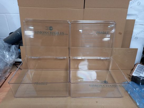 SET OF 4 CLEAR, PERSPEX STACKABLE BOXES WITH HINGED LIDS - 29X33X13