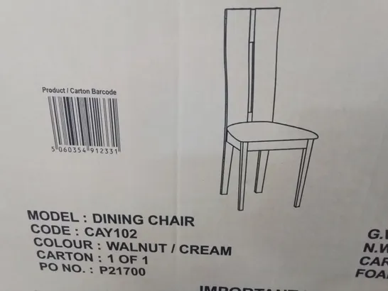 BOXED PAIR OF DINING CHAIRS IN WALNUT/CREAM - 1 BOX