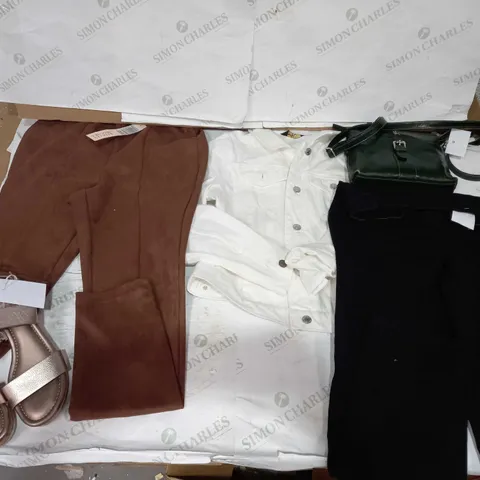 BOX OF APPROX 20 ASSORTED CLOTHING ITEMS TO INCLUDE - DUNE LONDON PLATFORM SANDALS - RUTH LONGSFORD - ASHWOOD LEATHER BAG ECT 