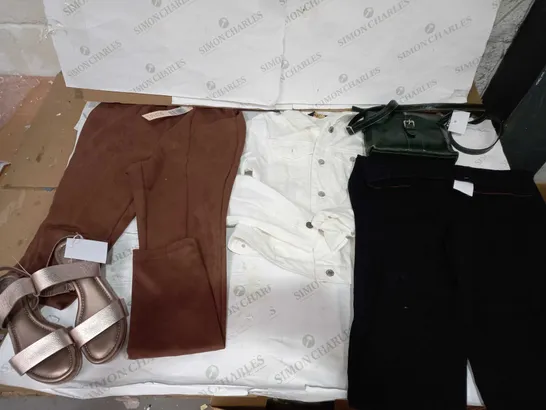 BOX OF APPROX 20 ASSORTED CLOTHING ITEMS TO INCLUDE - DUNE LONDON PLATFORM SANDALS - RUTH LONGSFORD - ASHWOOD LEATHER BAG ECT 