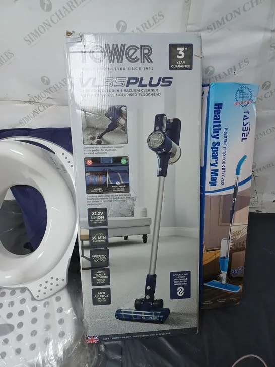 MIXED LOT OF HOUSEHOLD ITEMS TO INCLUDE, SPRAY MOP, TOWER CORDLESS VACUUM CLEANER POTTY AND STEP ETC.