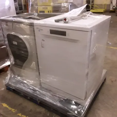 PALLET OF TWO ASSORTED WHITE GOODS APPLIANCES TO INCLUDE; SAMSUNG SERIES 5 FULL SIZE DISHWASHER WHITE RUSSELL HOBBS FREESTANDING CONDENSER DRYER BLACK