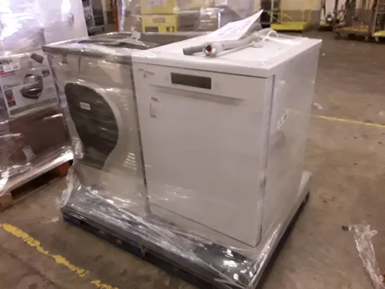 PALLET OF TWO ASSORTED WHITE GOODS APPLIANCES TO INCLUDE; SAMSUNG SERIES 5 FULL SIZE DISHWASHER WHITE RUSSELL HOBBS FREESTANDING CONDENSER DRYER BLACK