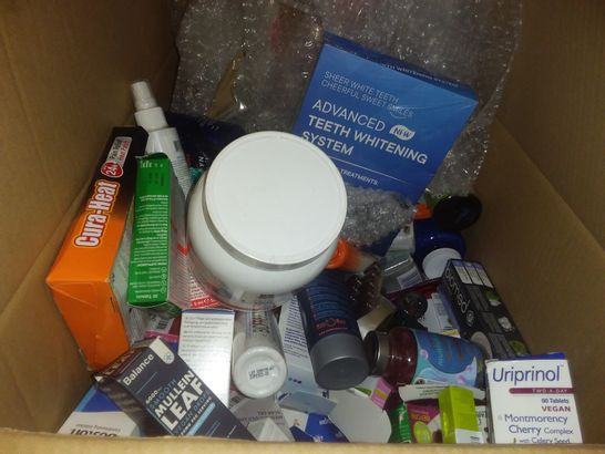 BOX OF ASSORTED ITEMS INCLUDING VITAMIN GUMMING, A TEETH WHITENING SYSTEM, PREGNANCY CARE TABLETS, CURA-HEAT PATCHES, POWDERED L-GLUTIMINE, ECT