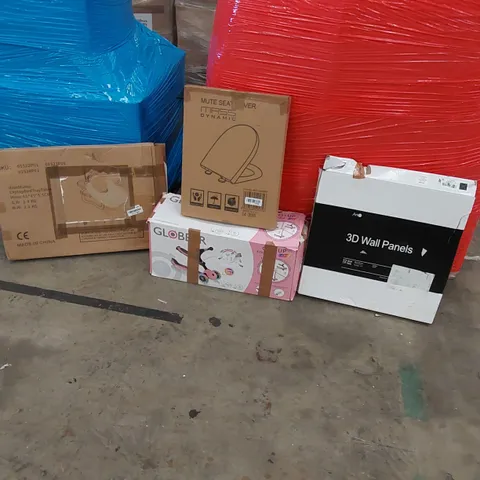 PALLET OF ASSORTED ITEMS INCLUDING, 3D WALL PANELS, GLOBBER 3 WHEEL SCOOTER, TOILET SEATS, LAPTOP BED TABLE