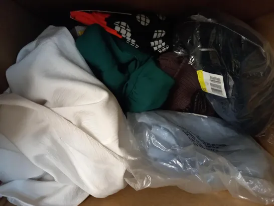 BOX OF APPROXIMATELY 10 ASSORTED CLOTHING AND FASHION ITEMS OF VARIOUS COLOURS AND STYLES TO INCLUDE ASOS, NEXT, ETC