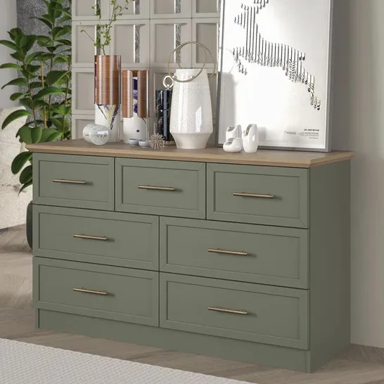 BOXED CLEVERTON 7 DRAWER CHEST OF DRAWERS - DARK GREEN/OSLO OAK (1 BOX)