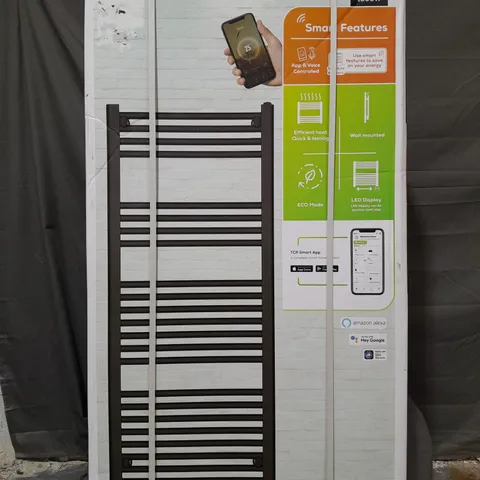 BOXED TCP SMART WIFI 1000W TOWEL RADIATOR - MATT BLACK / 1350 X 500 X 75MM