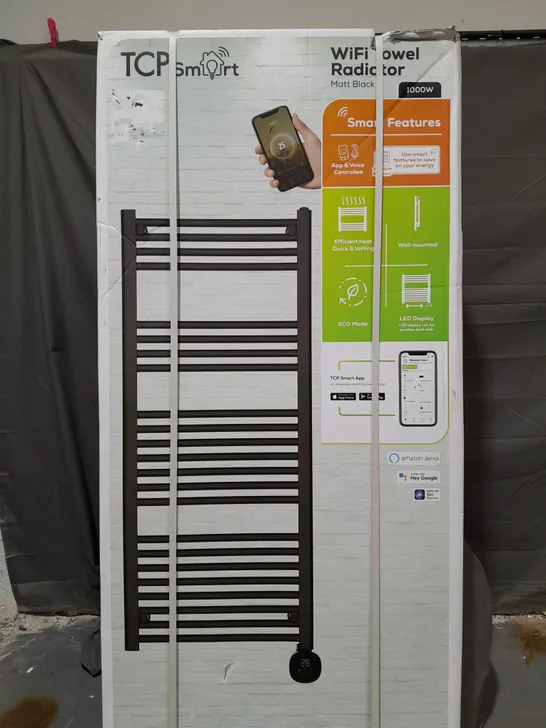 BOXED TCP SMART WIFI 1000W TOWEL RADIATOR - MATT BLACK / 1350 X 500 X 75MM