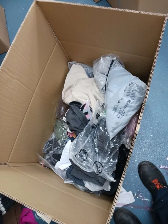 LARGE BOX OF ASSORTED CLOTHING ITEMS IN VARIOUS COLOURS AND SIZES INCLUDING TROUSERS , TOPS AND JUMPERS 