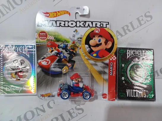 APPROXIMATELY 10 ASSORTED TOYS AND GAMES TO INCLUDE BICYCLE DISNEY VILLAINS PLAYING CARDS, MARIO KART MARIO TOY, BICYCLE DISNEY100 PLAYING CARDS, ETC