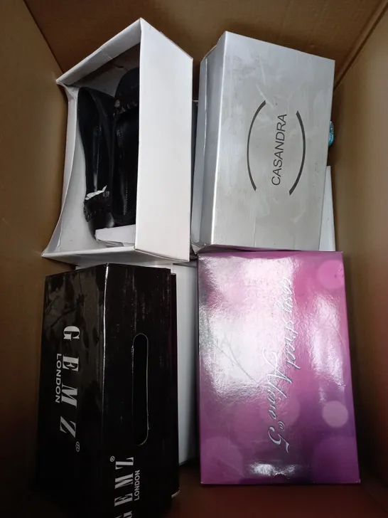 BOX OF APPROXIMATELY 10 ASSORTED PAIRS OF SHOES TO INCLUDE SILVER HEELS, GEM HEELS, COFFEE COLOURED HEELS ETC