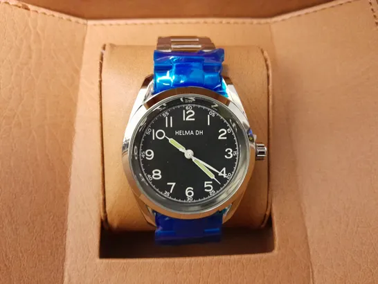 BOXED HELMA DH BLACK FACED WATCH WITH STAINLESS STEEL STRAP