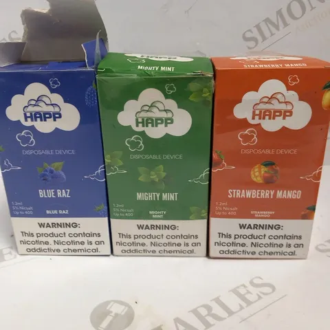 3 BOXES OF HAPP DISPOSABLE DEVICE TO INCLUDE; STRAWBERRY MANGO, MIGHTY MINT AND BLUE RAZ