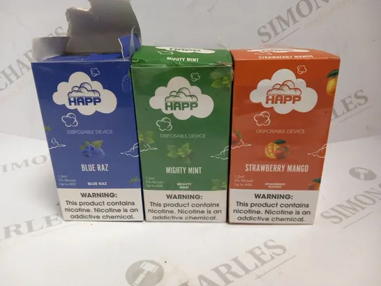 3 BOXES OF HAPP DISPOSABLE DEVICE TO INCLUDE; STRAWBERRY MANGO, MIGHTY MINT AND BLUE RAZ