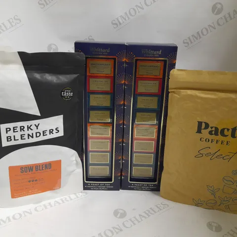 BOX OF APPROX 6 ITEMS TO INCLUDE PERKY BLENDERS COFFEE, PACT COFFEE BEANS AND WHITTARD A FEAST OF TEA GIFT SET