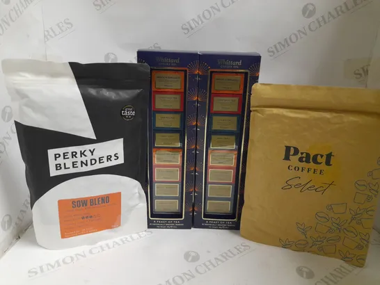 BOX OF APPROX 6 ITEMS TO INCLUDE PERKY BLENDERS COFFEE, PACT COFFEE BEANS AND WHITTARD A FEAST OF TEA GIFT SET