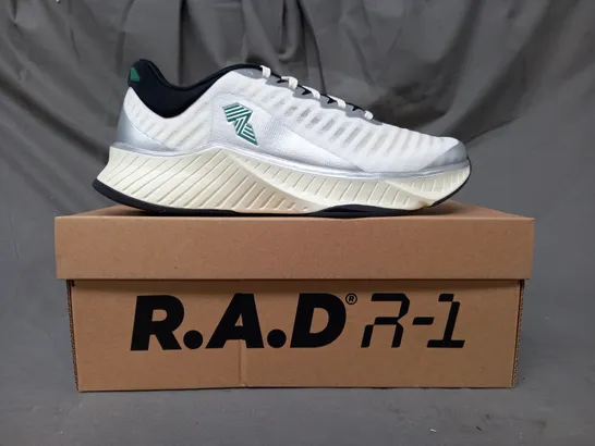 BOXED PAIR OF R.A.D. R-1 SHOES IN WHITE/METALLIC SILVER/GREEN UK SIZE 8