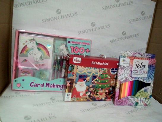 LOT OF APPROXIMATELY 50 ASSORTED TOYS AND GAMES TO INCLUDE: CARD MAKING KIT, ELF MISCHIEF JIGSAW PUZZLE AND COLOURING PENCILS