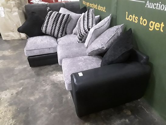 DESIGNER GREY AND BLACK FABRIC CORNER SOFA WITH SCATTER CUSHIONS