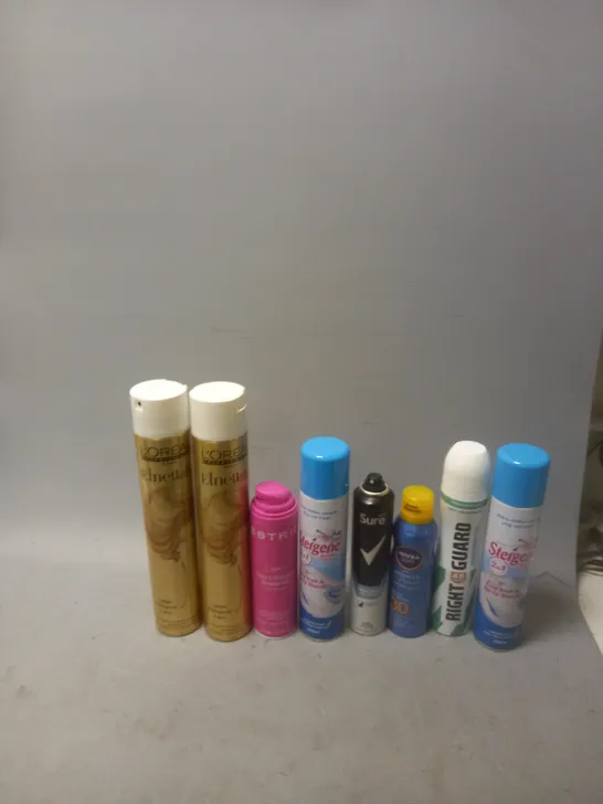 APPROXIMATELY 12 ASSORTED AEROSOLS TO INCLUDE LOREAL ELNETT, SURE INVISIBLE, AND ESTRID SHAVE GEL ETC. 