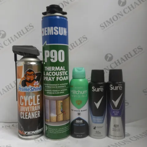 BOX OF APPROX 15 ASSORTED AEROSOLS TO INCLUDE MITCHUM WOMEN DEODORANT, SURE MEN DEODORANT, PRIMESHINE CYCLE CLEANER, ETC 