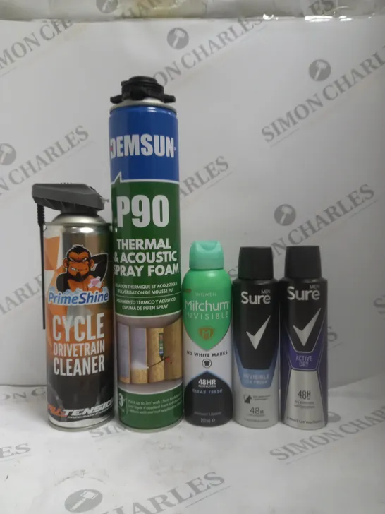 BOX OF APPROX 15 ASSORTED AEROSOLS TO INCLUDE MITCHUM WOMEN DEODORANT, SURE MEN DEODORANT, PRIMESHINE CYCLE CLEANER, ETC 