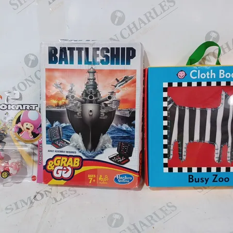 BOX OF APPROXIMATELY 20 ASSORTED TOYS AND GAMES TO INCLUDE BUSY ZOO CLOTH BOOK, GRAB & GO BATTLESHIP, HOTWHEELS MARIO KART TOADETTE, ETC