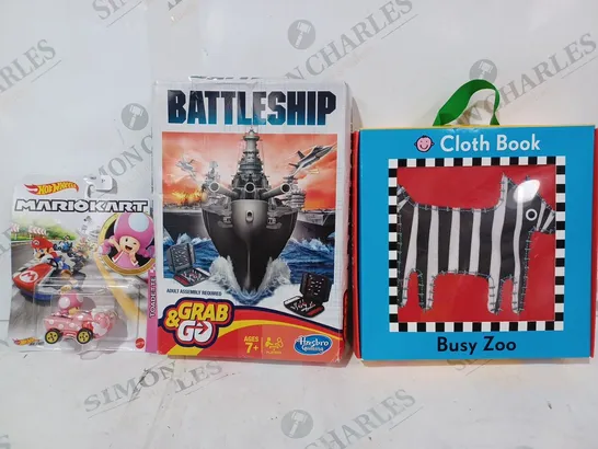 BOX OF APPROXIMATELY 20 ASSORTED TOYS AND GAMES TO INCLUDE BUSY ZOO CLOTH BOOK, GRAB & GO BATTLESHIP, HOTWHEELS MARIO KART TOADETTE, ETC