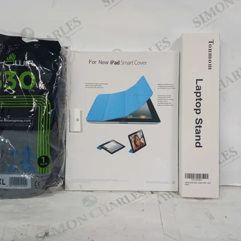 BOX OF APPROXIAMTELY 10 ASSORTED HOUSEHOLD ITEMS TO INCLUDE LAPTOP STAND, IPAD SMART COVER, SHOWA 330 GLOVES, ETC