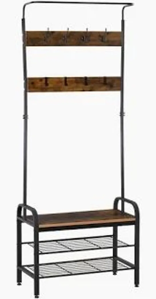 BOXED HOMCOM COAT RACK STAND INDUSTRIAL HALLWAY SHOE RACK REMOVABLE HOOKS METAL WOOD HANGERS STORAGE CABINET RUSTIC BROWN 72L×34W×185H(CM)