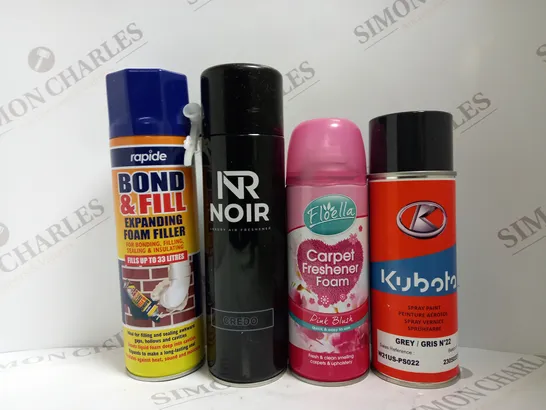 BOX OF APPROX 10 ASSORTED AEROSOLS TO INCLUDE NOIR AIR FRESHENER, FLOELLA CARPET FRESHENER FOAM, RAPIDE FOAM FILLER, ETC 