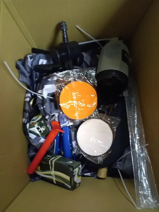 BOX OF ASSORTED ITEMS TO INCLUDE SPRAY BOTTLE, BIKE COVERS, BOLTS / COLLECTION ONLY 