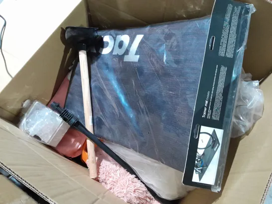 box of approximately 20 household items to include sink plunger, pink baubles, Bluetooth data logger