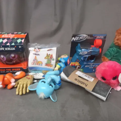 BOX OF ASSORTED TOYS AND GAMES TO INCLUDE NERF, TEDDIES AND BATH FIZZERS