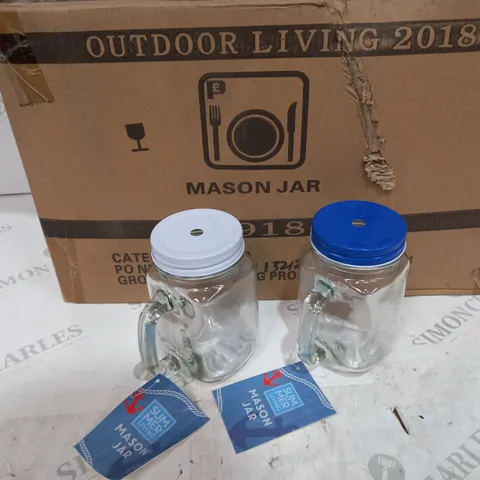 BRAND NEW BOXED SET OF 24 MASON JARS, 12 WITH WHITE LID, 12 BLUE