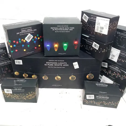 APPROXIMATELY 25 ASSORTED CHRISTMAS THEMED LIGHTING PRODUCTS TO INCLUDE; RETRO LIGHTS WITH TIMER, FROSTED SNOWBALL LIGHTS, FIRE CRACKER LIGHT, FESTOON LIGHTS, BERRY LIGHTS AND VINE LIGHTS