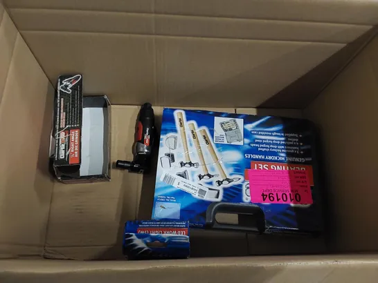 BOX OF ASSORTED TOOLS TO INCLUDE: CLARKE NAIL GUN, CLARKE 5 TONNE TELESCOPIC BOTTLE JACK, CLARKE MULTI-VALVE SPRING COMPRESSOR ECT