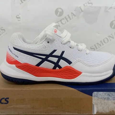 BOXED PAIR OF ASICS GEL RESOLUTION 9 WHITE TRAINERS - UK K13