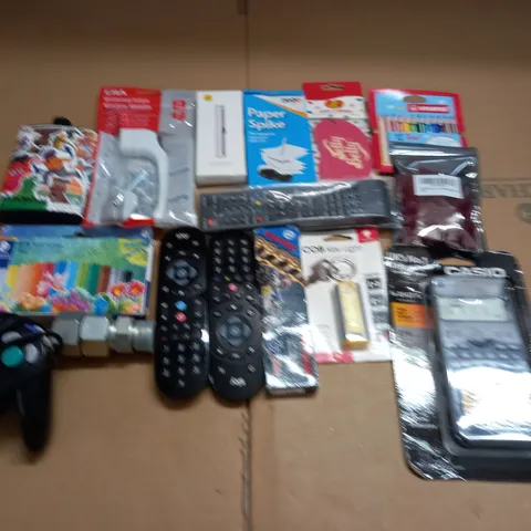 LOT OF ASSORTED HOUSEHOLD ITEMS TO INCLUDE PAPER SPIKE, OIL PASTELS AND GAMECUBE CONTROLLER