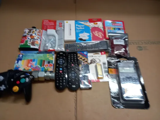 LOT OF ASSORTED HOUSEHOLD ITEMS TO INCLUDE PAPER SPIKE, OIL PASTELS AND GAMECUBE CONTROLLER