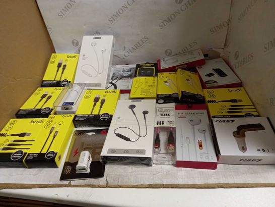LOT OF APPROXIMATELY 50 PERIPHERALS TO INCLUDE BUDI SYNC CABLE, VEN-DENS QUICK CHARGE DATA CABLE, AND MISOO EARBUDS ETC.