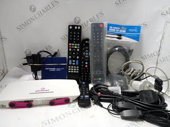 BOX OF APPROX 20 ASSORTED ELECTRICAL ITEMS TO INCLUDE PLUSNET HUB ONE BOX, FIRE TV REMOTE, JVC REMOTE CONTROL. ETC 